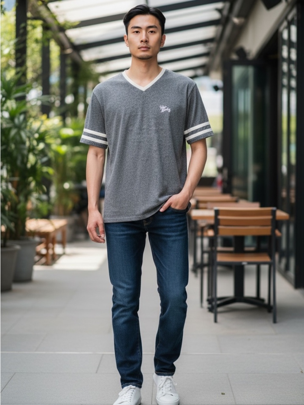 Men's Grey V-Neck Short Sleeve Tee with Contrast Sleeve Stripes